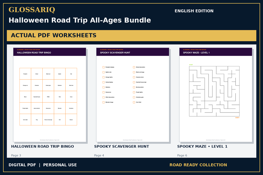 GLOSSARIQ Halloween Road Trip All-Ages Bundle — English edition — three actual PDF worksheets