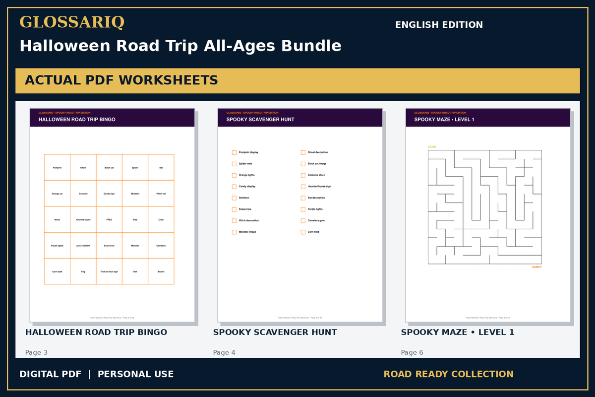 GLOSSARIQ Halloween Road Trip All-Ages Bundle — English edition — three actual PDF worksheets