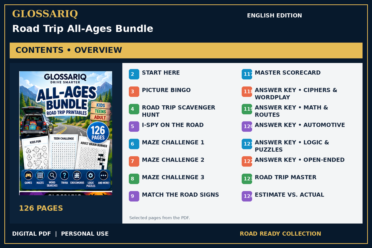 GLOSSARIQ Road Trip All-Ages Bundle — English edition — PDF contents overview