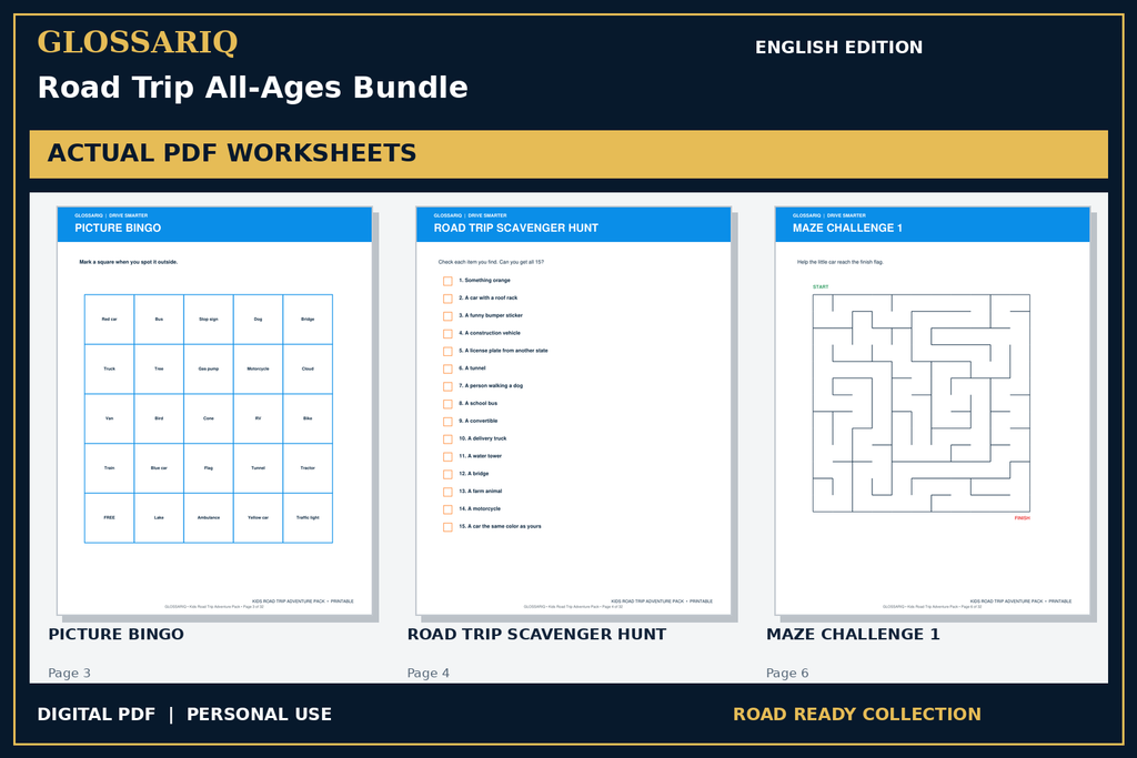 GLOSSARIQ Road Trip All-Ages Bundle — English edition — three actual PDF worksheets