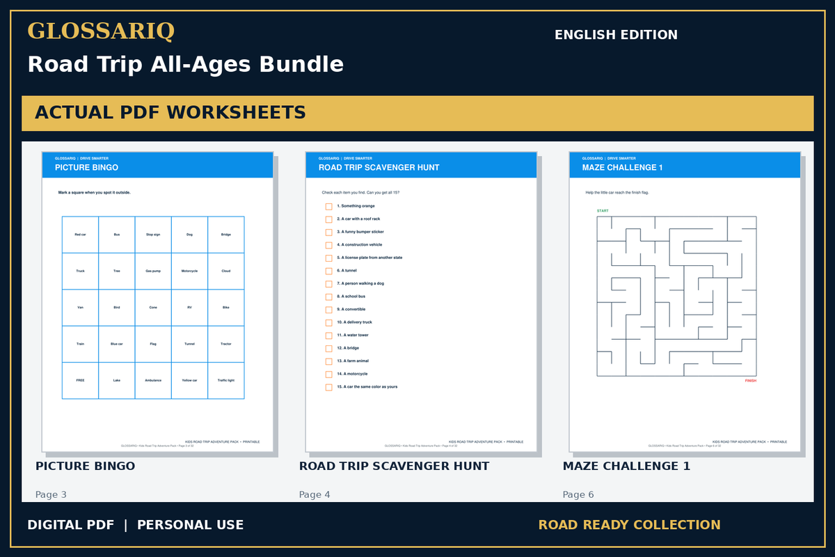GLOSSARIQ Road Trip All-Ages Bundle — English edition — three actual PDF worksheets