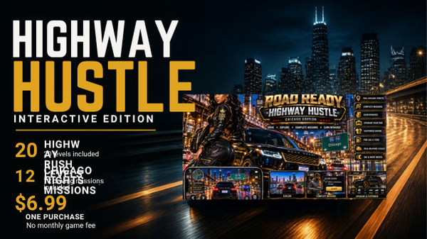 Highway Hustle Interactive Edition hero with 20 Highway Rush levels, 12 Chicago Nights missions, $6.99 one-time purchase, English and Spanish access