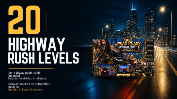 Highway Hustle 20 Highway Rush levels included, interactive driving challenge, browser access, English and Spanish access