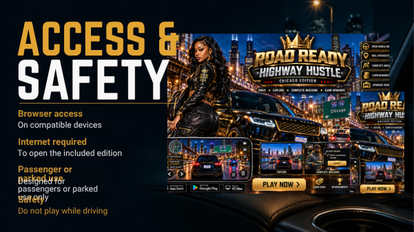 Highway Hustle browser access and safety information for compatible devices, passenger or parked use only