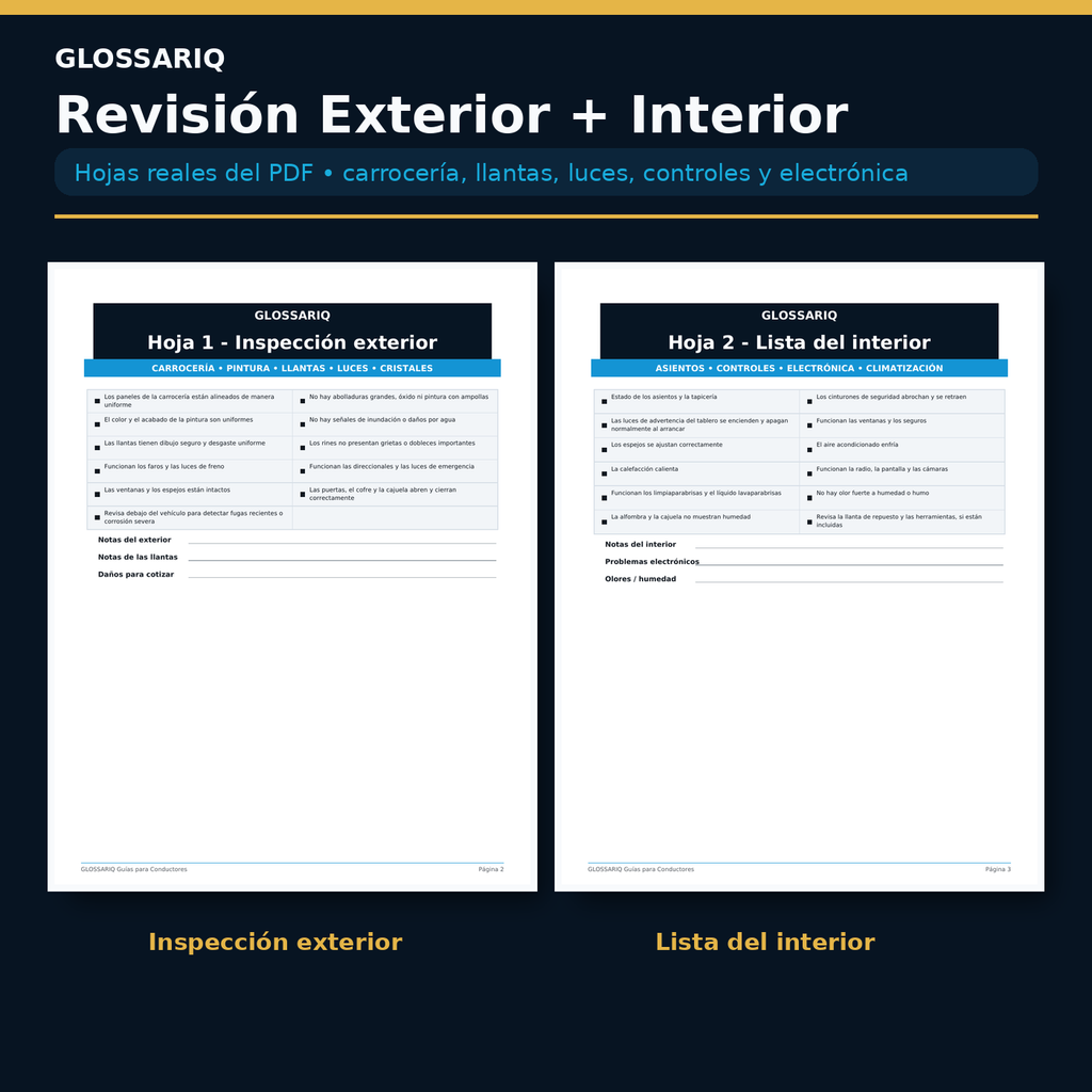 Hojas reales de inspección exterior e interior de la Lista de Inspección para Autos Usados en español