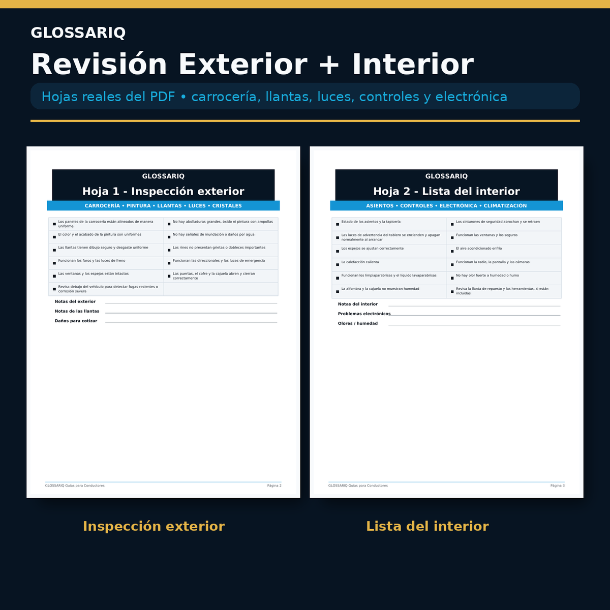 Hojas reales de inspección exterior e interior de la Lista de Inspección para Autos Usados en español