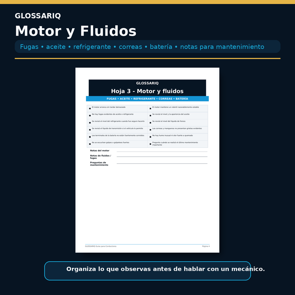 Hoja real de motor y fluidos de la Lista de Inspección para Autos Usados en español