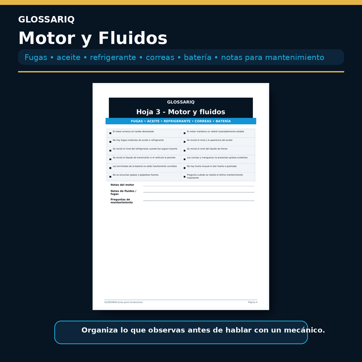 Hoja real de motor y fluidos de la Lista de Inspección para Autos Usados en español