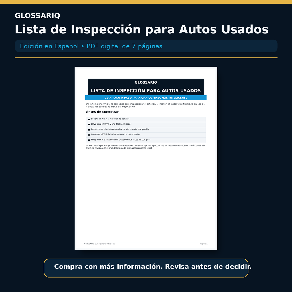 Lista de Inspección para Autos Usados en español, portada del PDF digital de 7 páginas