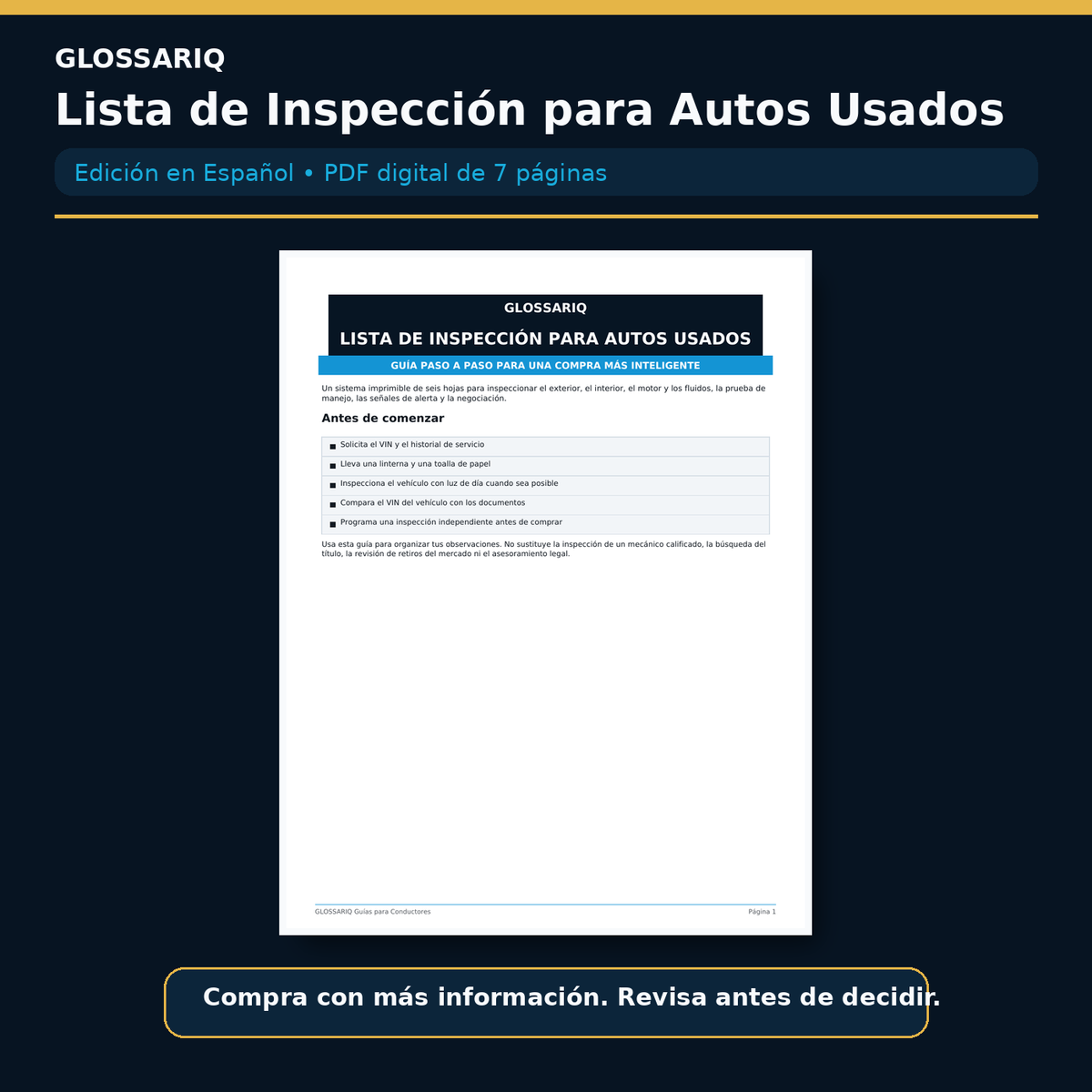 Lista de Inspección para Autos Usados en español, portada del PDF digital de 7 páginas