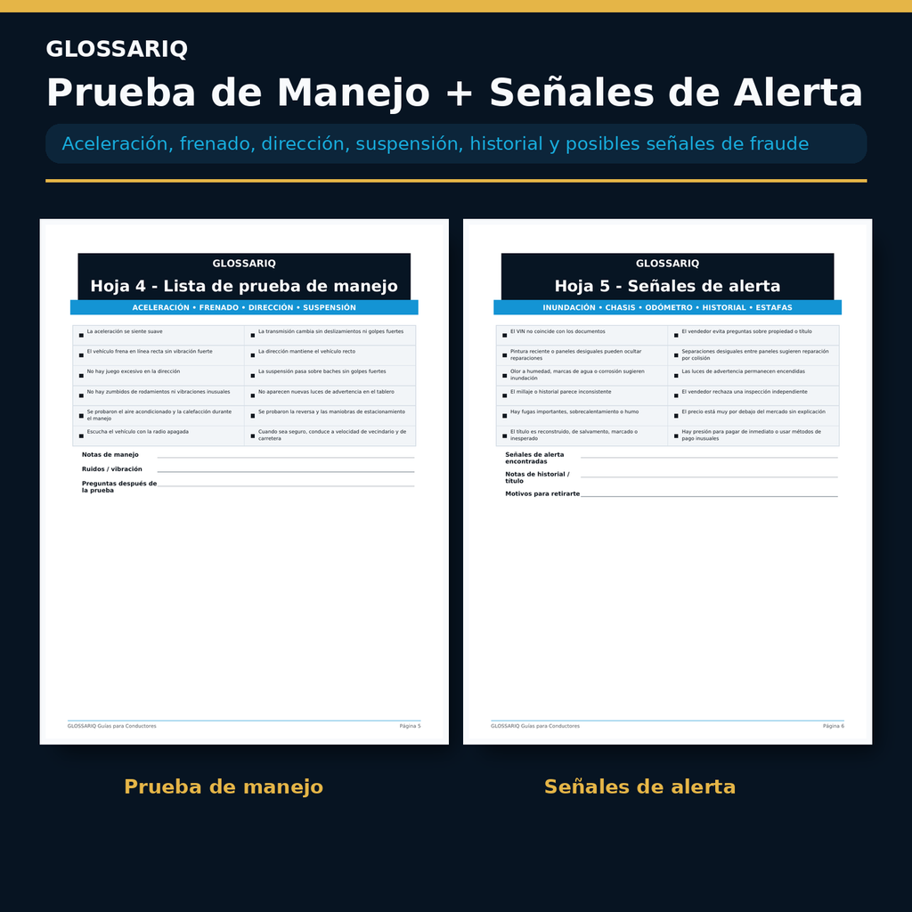 Hojas reales de prueba de manejo y señales de alerta de la Lista de Inspección para Autos Usados en español