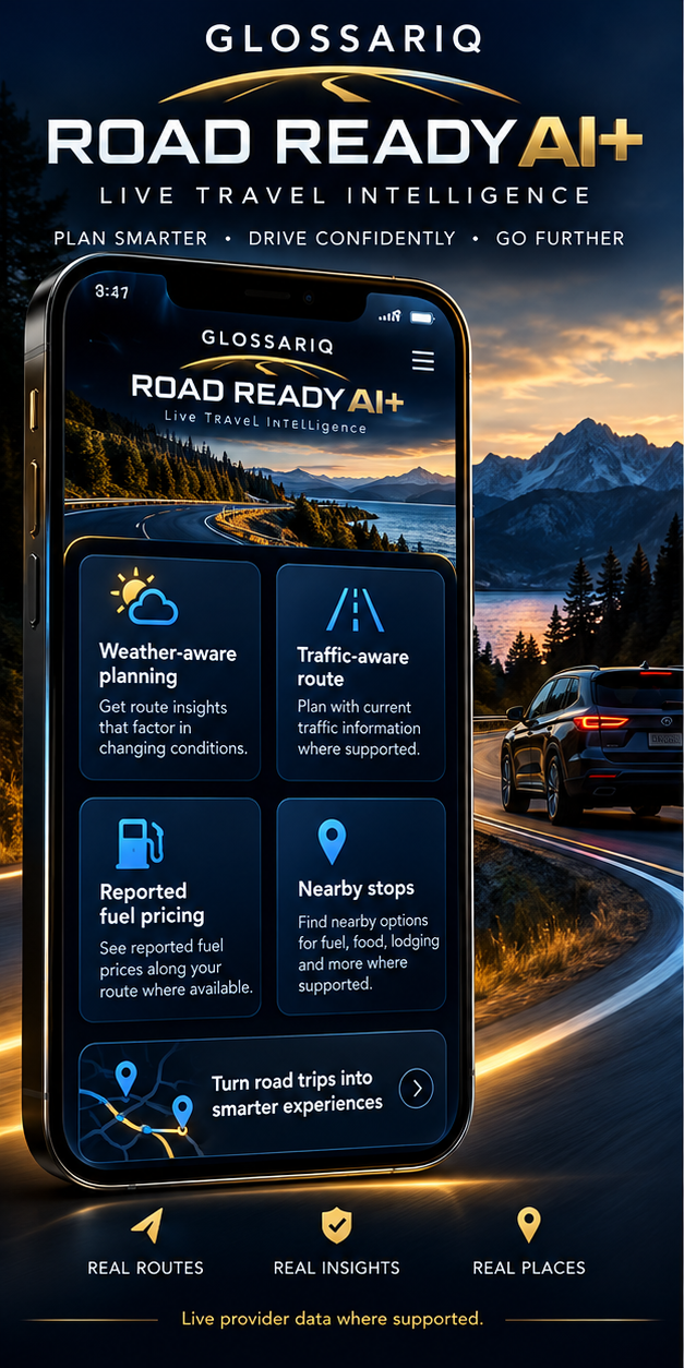 Road Ready AI+ live travel intelligence with weather-aware planning, traffic-aware routes, nearby stops and reported fuel pricing where supported