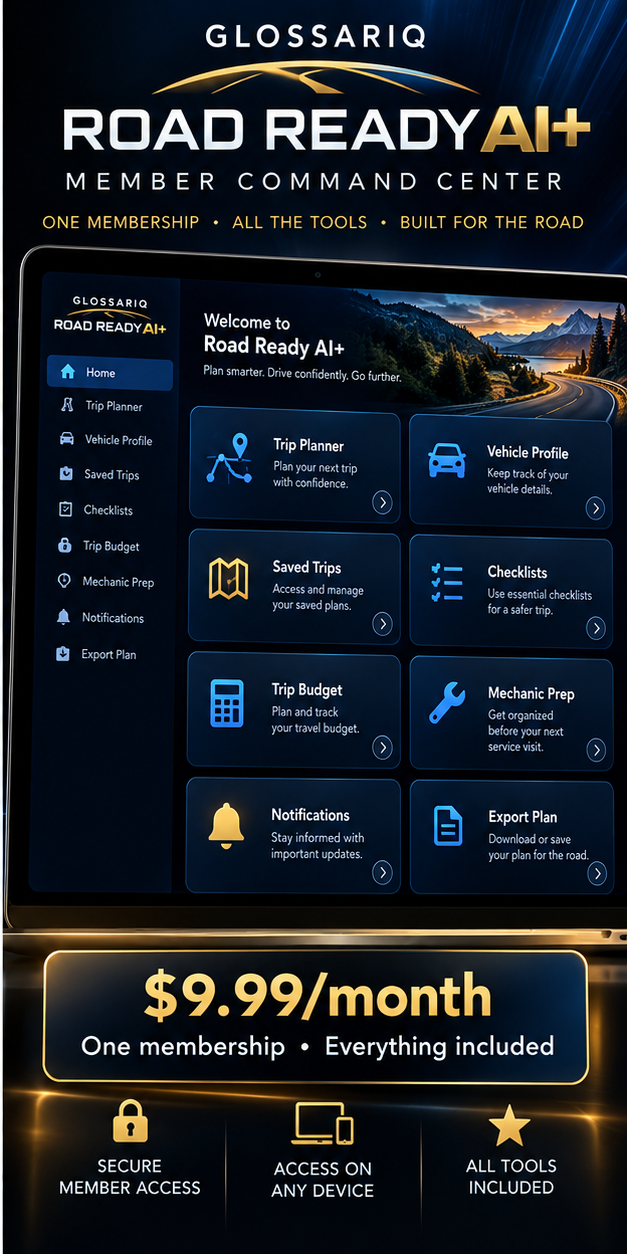 Road Ready AI+ secure member command center with trip planning, vehicle profiles, saved trips, checklists, budgets, mechanic prep, notifications and export tools