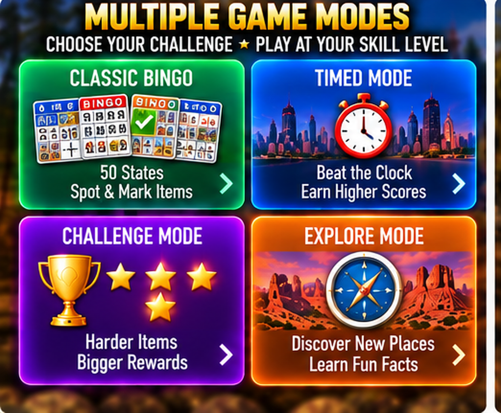Road Trip Bingo multiple challenge modes