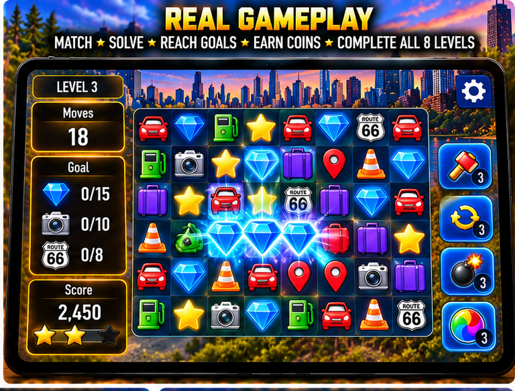 Road Trip Match match-3 gameplay with travel jewels and goals