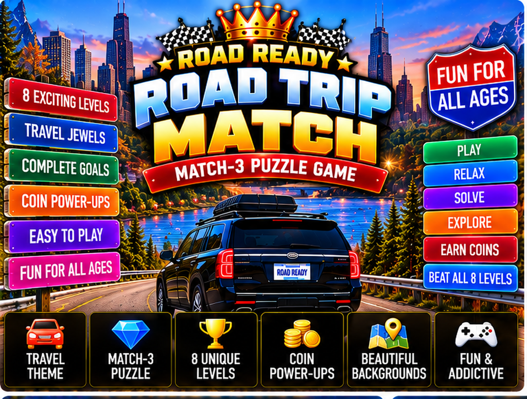 Road Trip Match eight-level match-3 travel game hero