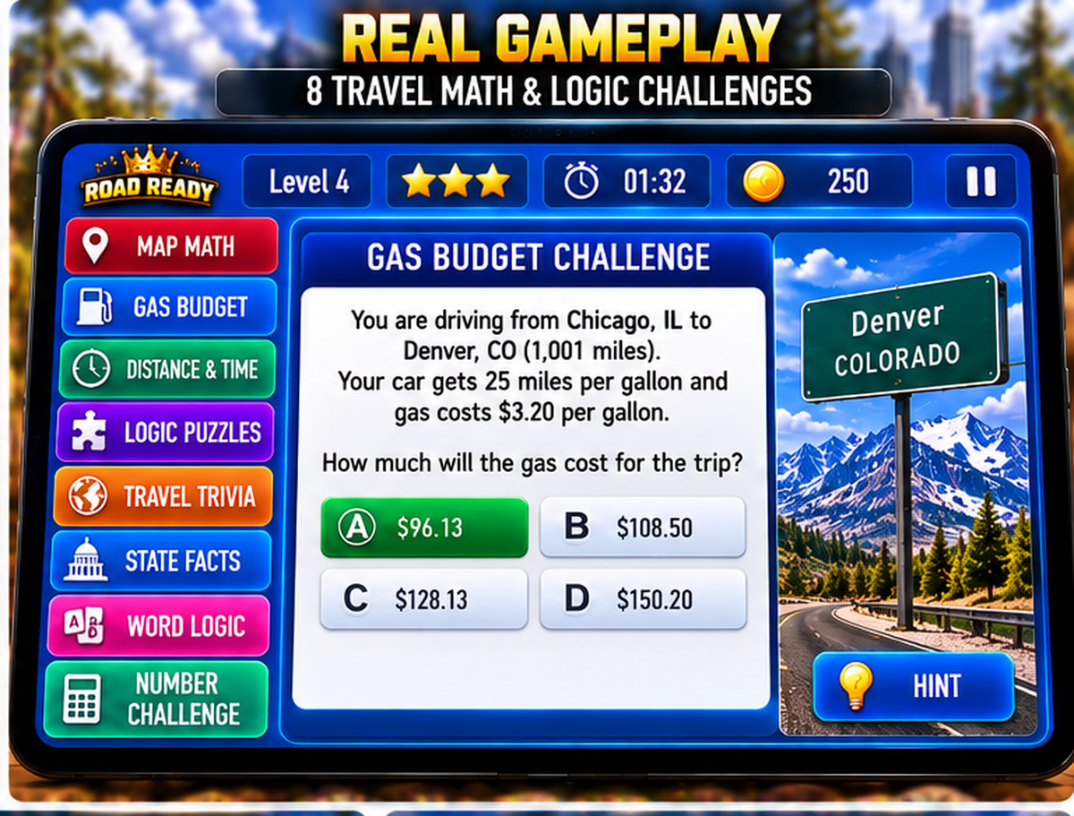 Road Ready Teen Challenge travel math gameplay example