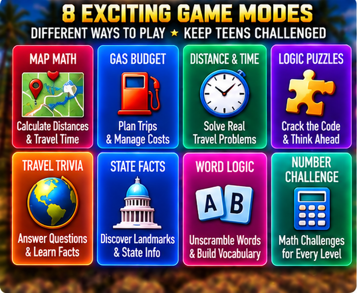 Road Ready Teen Challenge math logic and travel challenge modes